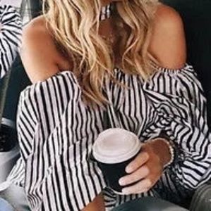 Super cute off the shoulder navy/white blouse